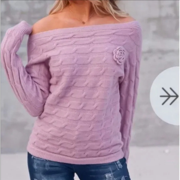 Pink Off Shoulder Sweater Military Hippie Dusty Rose Flower Pin Large NWT - Picture 1 of 7